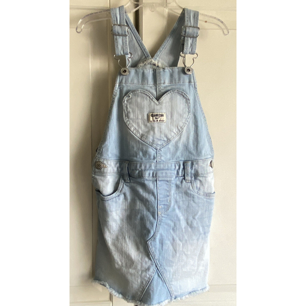 Osh Kosh Girl’s Frayed Skirt Light Blue Denim Heart Overalls Size 5T
